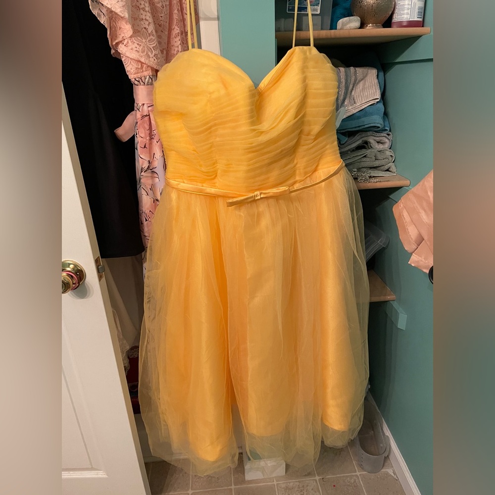 Yellow tulle corset back tea length dress